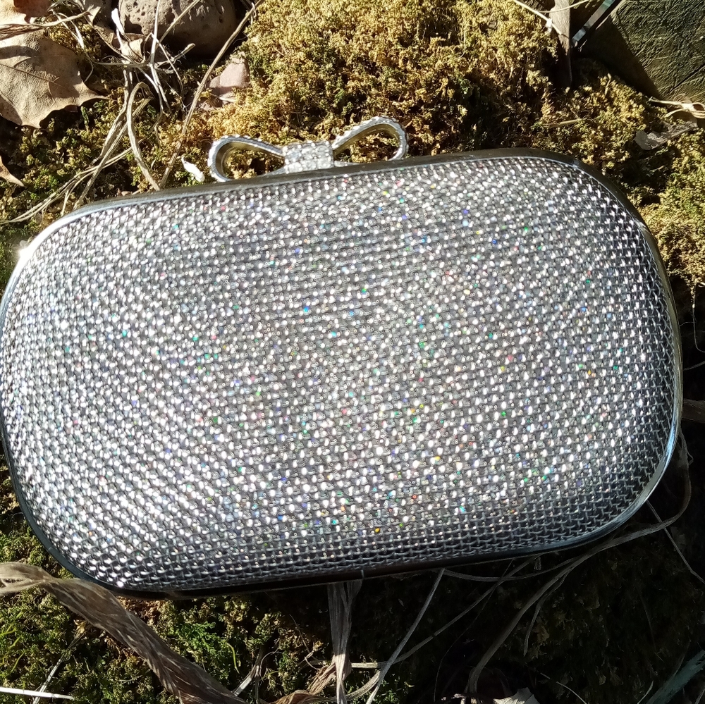 Kate Landry Sparkly Silver Clutch w/Bow Detail Snap Close. Prom, Wedding, Formal